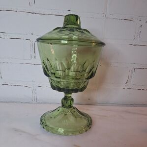 Vintage Green Hazel Atlas Art Glass Candy Dish Compote with Lid